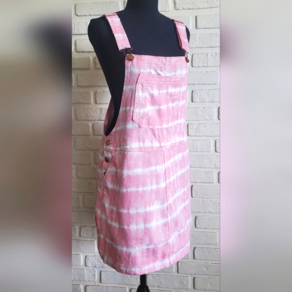 No Boundaries NOBO Mini Pink Tie-Dye Overall Dress Bib Pockets Size Large